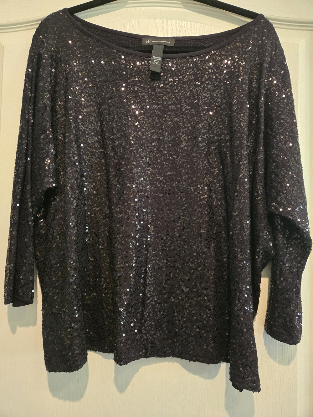 INC International Concepts Black Sequin Boatneck Top